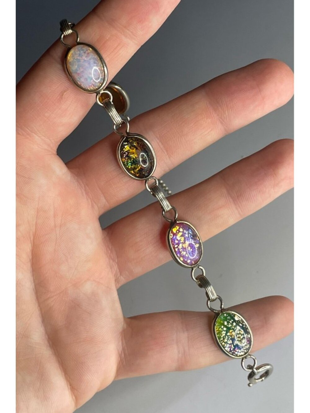 Mid-Century Czech Bohemian Dragon's Breath Jelly Opal Harlequin Glass Bracelet